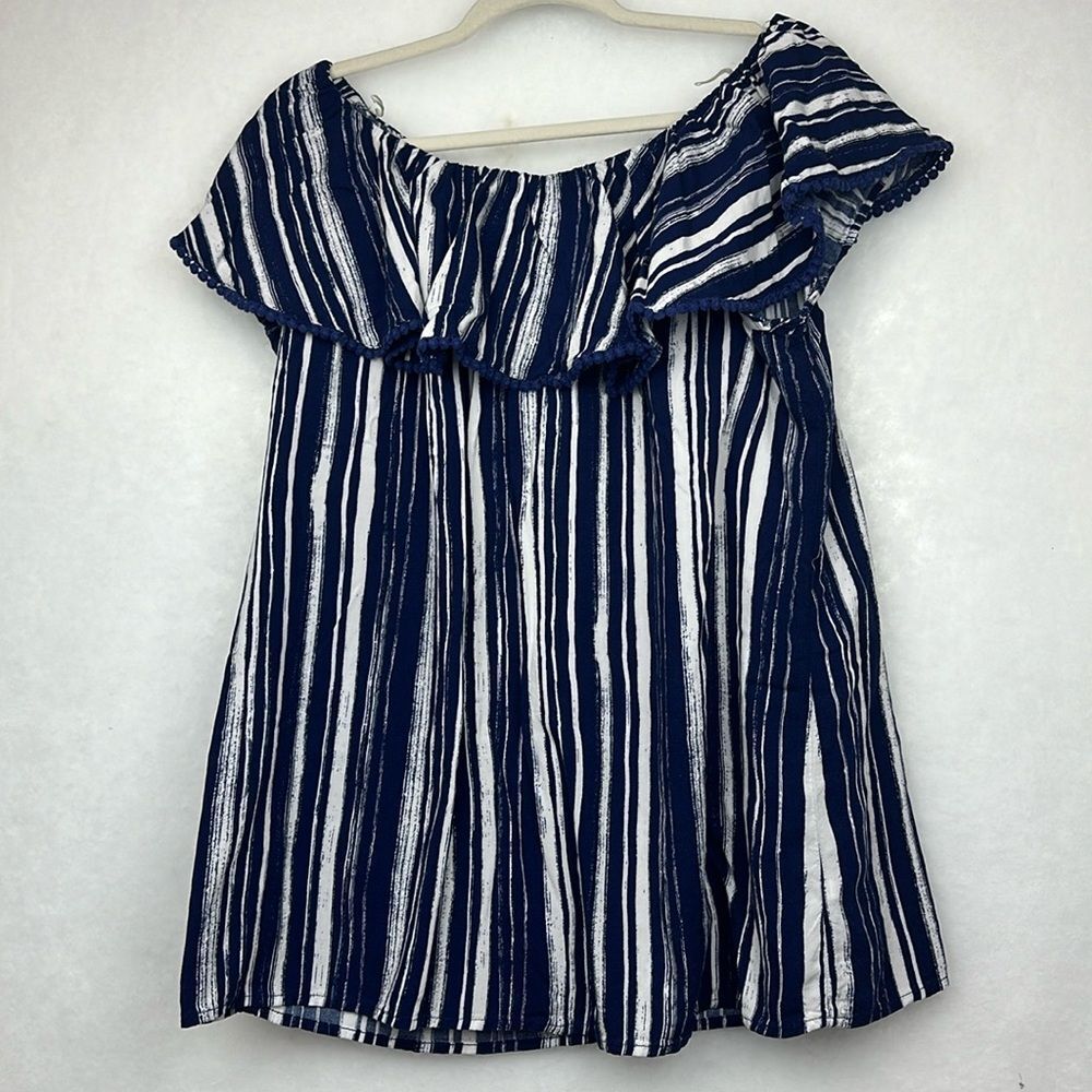 FADED GLORY Women's Navy & White Elastic Scoop Neck Ruffle Top Size XL